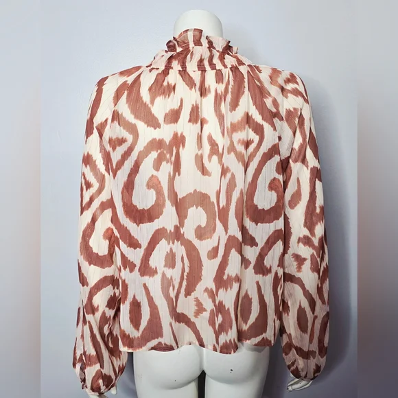 Sheer Women's Ruffle-Neck Button Front Blouse - Cream & Rust - Picture 7 of 9